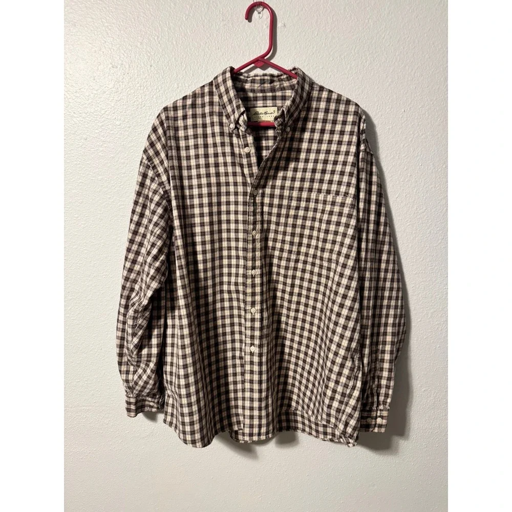 Eddie Bauer Mens XL Plaid Button Down Shirt Brown Tan Long Sleeve‎ 100% Cotton
